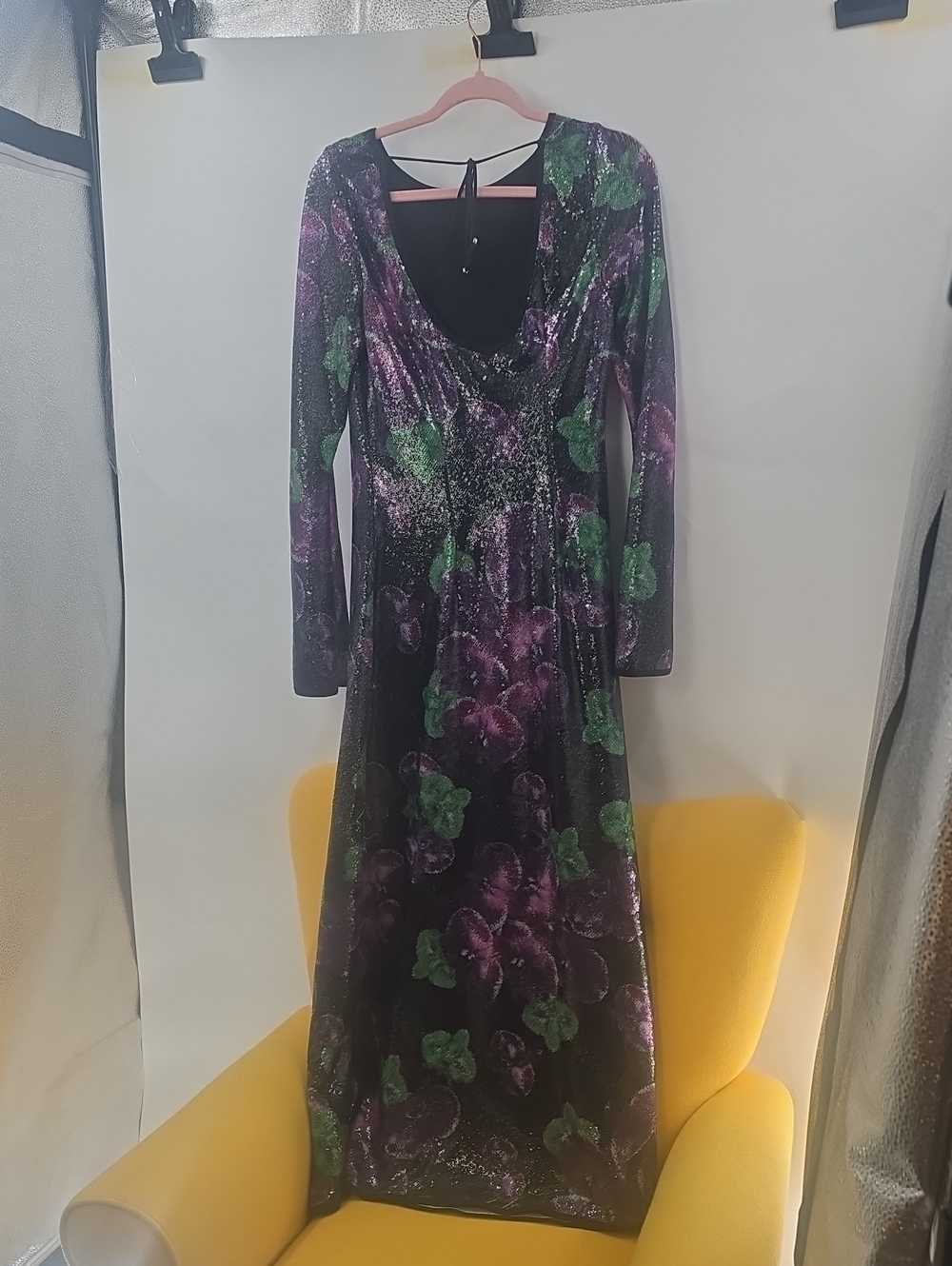 The Wolf Gang Lenee Long Sleeve Floral Sequin Maxi Dress in Black and Purple - Picture 12 of 13